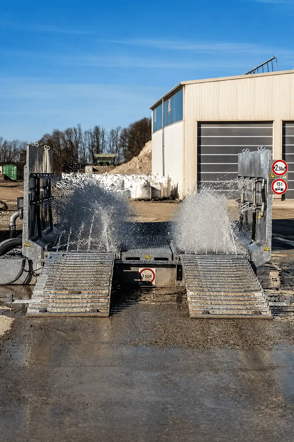 Station de lavage de roues pour camion sur site industriel