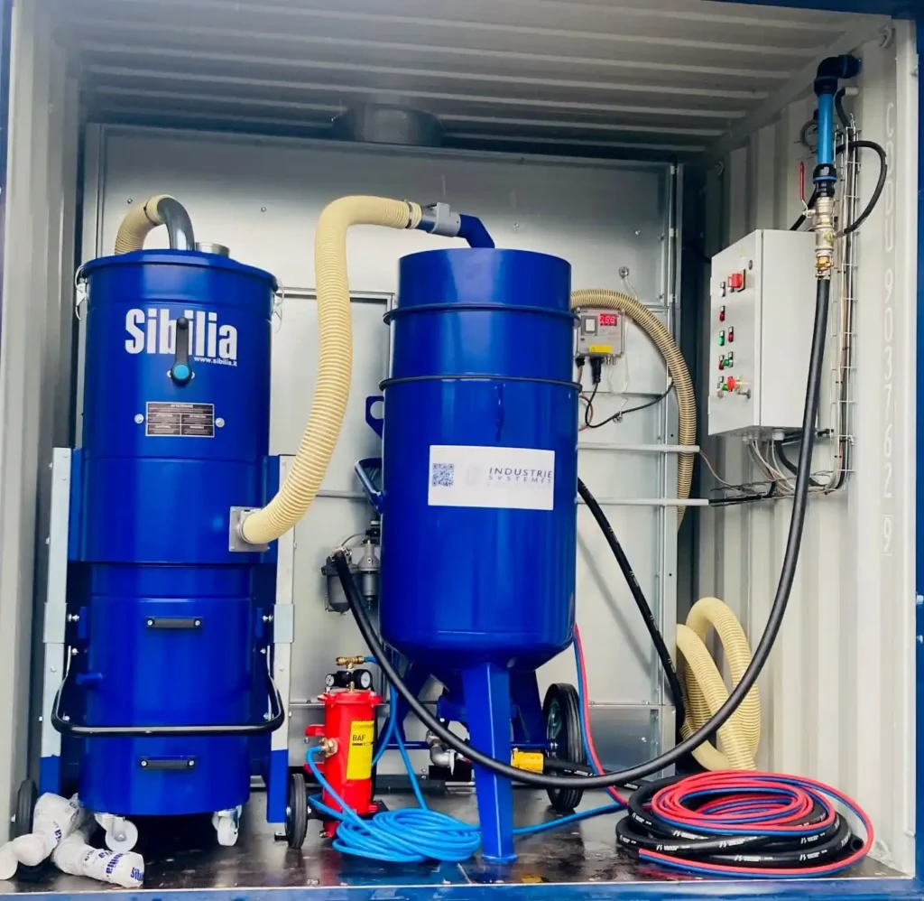 Équipement intérieur d’un conteneur de grenaillage avec système d’aspiration, cuve abrasive et coffret de commande