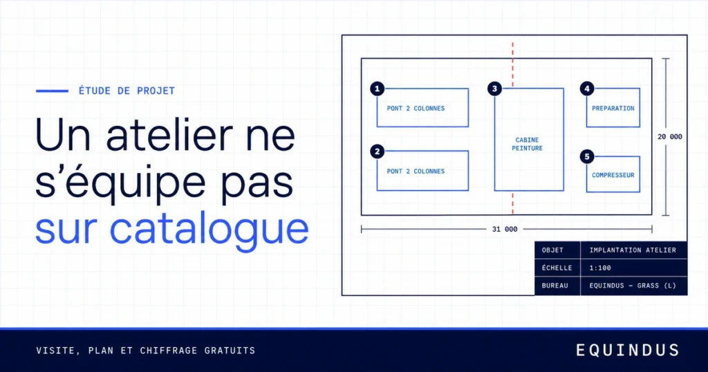 Étude de projet Equindus : « Un atelier ne s’équipe pas sur catalogue », plan d’implantation d’atelier coté — visite, plan et chiffrage gratuits